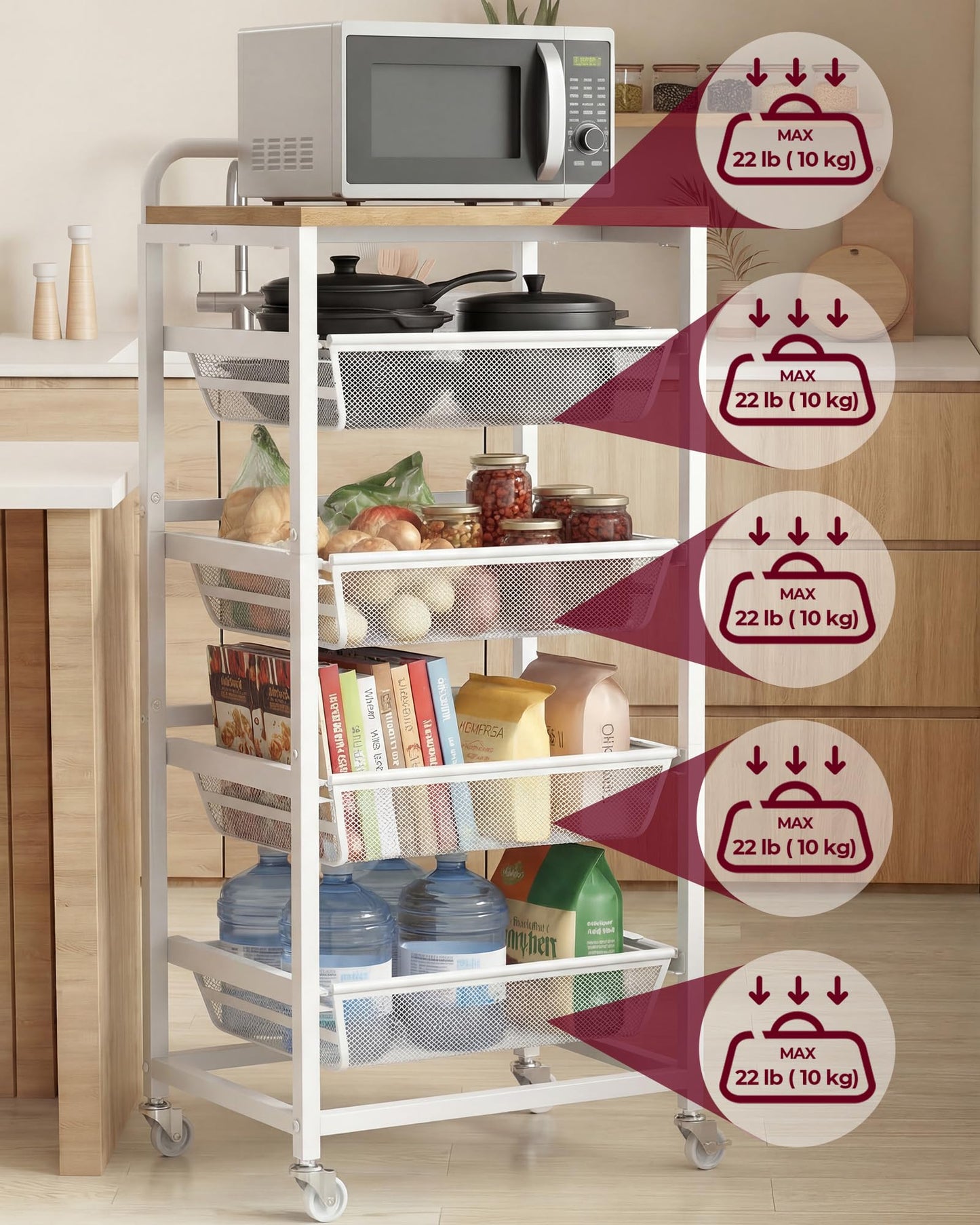 VASAGLE Storage Rolling Cart with Pull-Out Baskets, 5-Tier Utility Cart Orgnizer with Wheels for Laundry Room, Kitchen, Handle, 12.5 x 15.8 x 37.4 Inches, Golden Oak and Matte White ULRC041YA01