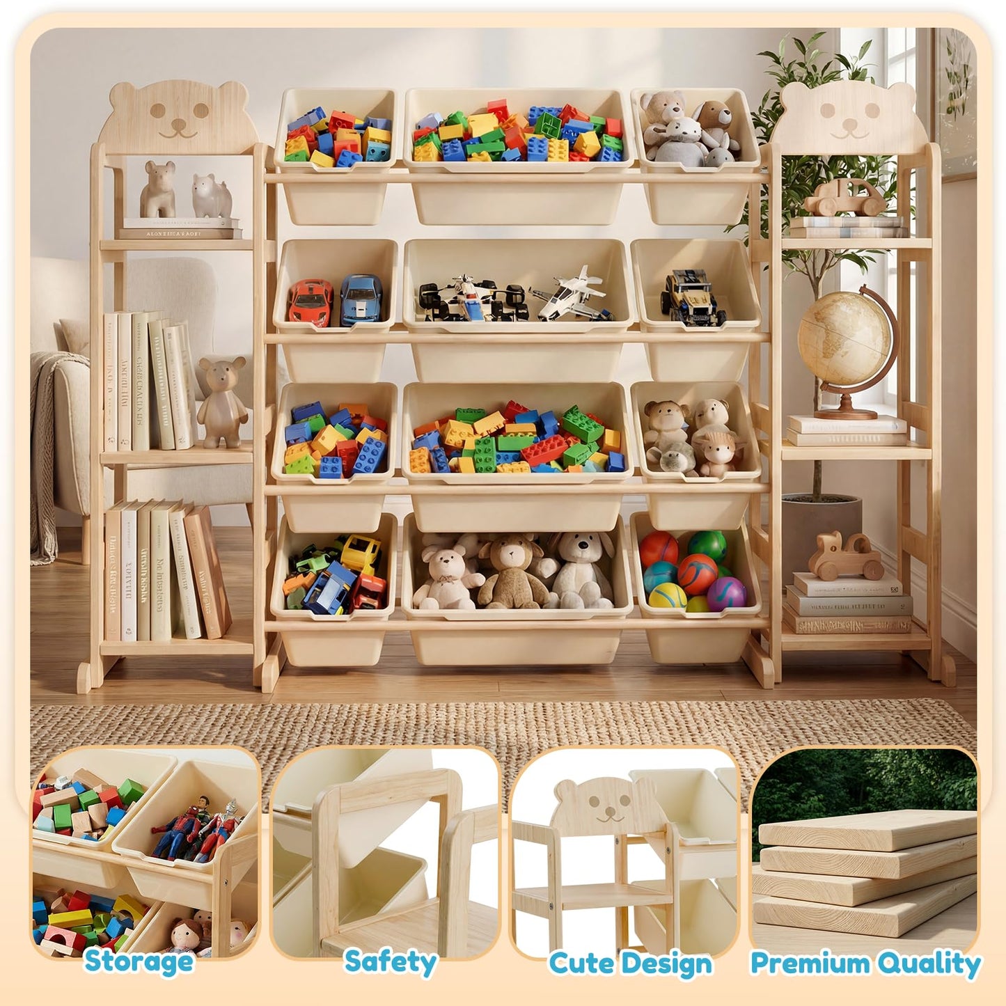 Toy Storage Organizer, Extra Large WoodenToy Storage, with 6 Side Shelves and 12 Bins, 3 -in-1 Bookshelf for Bedroom Playroom, Nursery, Wood Kids Toy Shelf and Bookcase 52.3"W x 13.5"D x 31.5"H