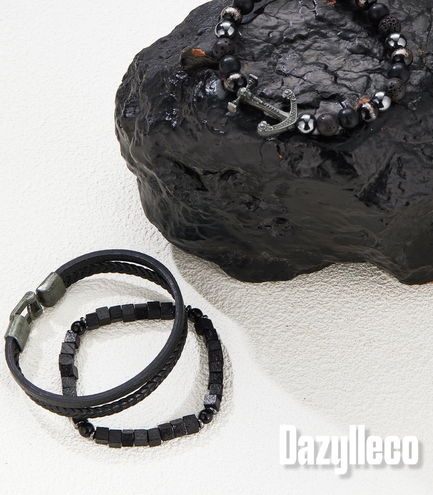 Dazylleco 3pc Mens Beaded Bracelets Silver Stainless Steel Chain Bracelet for Men Handmade Braided Bracelet Sets Jewelry Gifts for Men(89-Black Anchors)
