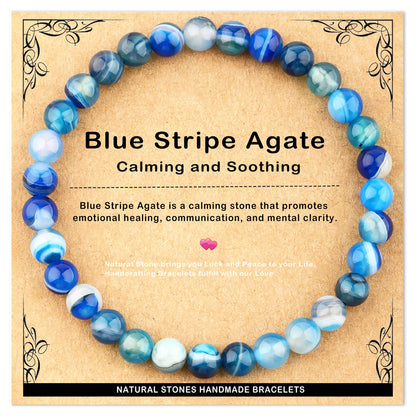 AD Beads 6mm Handmade Blue Stripe Agate Elastic Bracelet – Natural Gemstone for Calming and Soothing – Meditation, Yoga, Healing and Energy Gift for Men Women