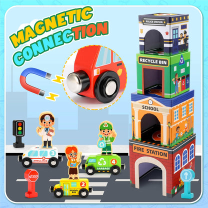 Baby Stacking Toys for Toddlers, Magnetic Wooden Cars & Garage Sorting Community Helpers Preschool Educational Learning Montessori Toys Birthday Gifts for Kids Number Blocks Nesting Boxes