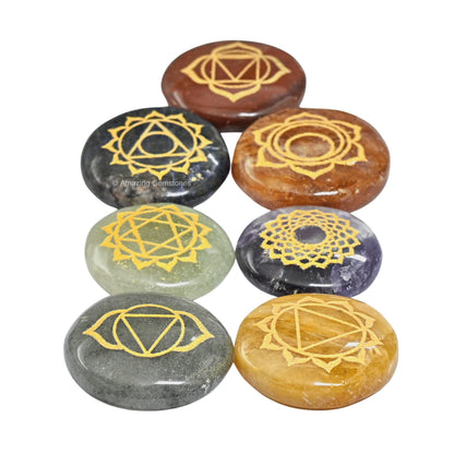 Amazing Gemstone 7 Chakra Set Reiki Healing Crystal with Engraved Chakra Symbols - Chakra Balancing Polished Palm Stones Set with Velvet Pouch