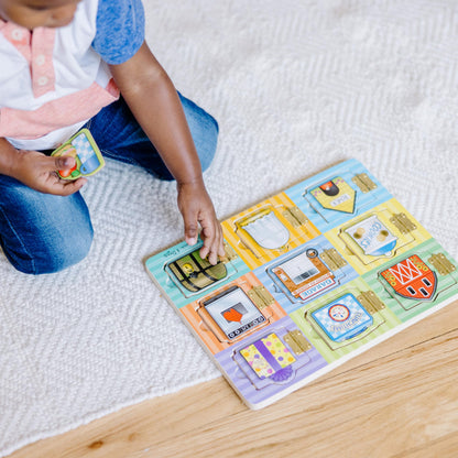 Melissa & Doug Wooden Hide & Seek Activity Board – Montessori Busy Board with Hinges, Doors & 9 Wooden Magnetic Puzzles, Educational Preschool Learning Toy for Toddlers & Kids Ages 3+