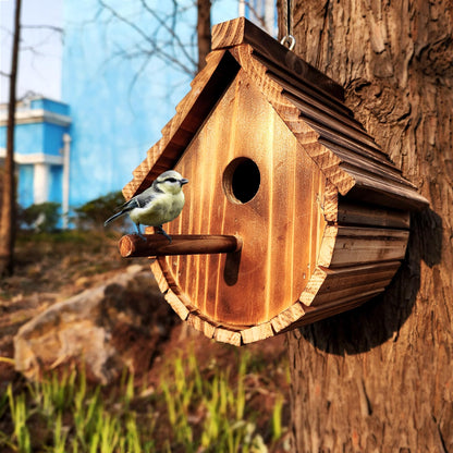 KWISAMR 1 Pack Wren Houses for Outdoors,Natural Wooden Hanging Bird House for Chickadee,Bluebird,Handmade from Natural Wood for Garden Decorations