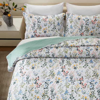 LEAONME 3-Piece Full Queen Size Quilt Set Lightweight Bedspread Coverlet 90''x98'' Garden Style Floral Printed Oversized Bedding Set with Shams for All Season