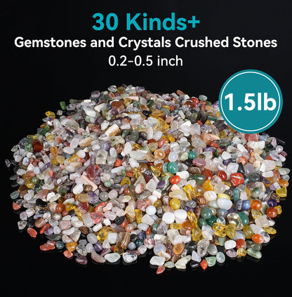 Rahato 400Pcs+ Crystals Set, 30 Kinds+ Crystals Bulk and Minerals Science Kit, 1.5lbs Healing Stones for Kids, Rocks for Tumbling, Crushed Stones