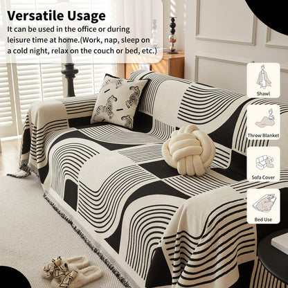 WEYOND Boho Couch Cover Sofa Covers Washable, Chenille Couch Covers for 3 Cushion Couch Sofa Pet Friendly, Bohemian Sofa Slipcovers for Sectional Sofa, Loveseat, 2 3 4 Seater (71" x 150", Black)