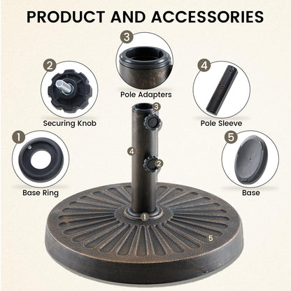 DUMOS 30LBS Heavy-Duty Outdoor Umbrella Base, Weather-Resistant Resin Patio Umbrella Stand, Rust-Proof Coated Umbrella Holder for Garden/Pool/Backyard, 2 Securing Knobs, 2 Pole Adapters, Bronze
