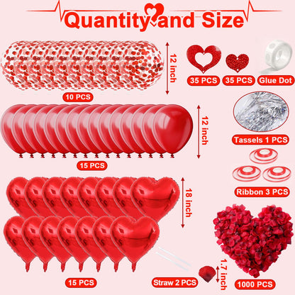 Heart-Shaped Aluminum Foil Balloon,Red Latex balloons,Confetti Balloon,Fake Petals and Hanging Streamer for Valentines Wedding Bridal Shower Anniversary Engagement Party Supplies Decorations