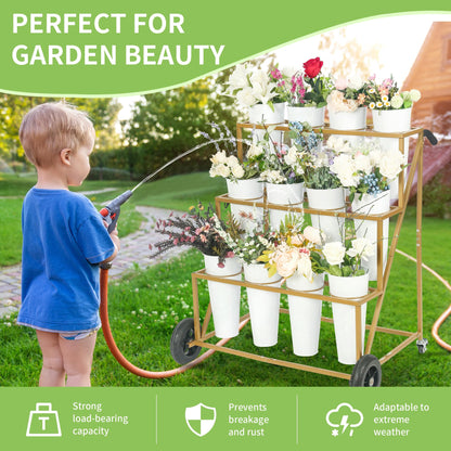 Ruifabo Flower Bar Stand with 12 Iron Buckets - Flower Display Stand with Big Wheels - Hand-Pushed Moving Flower Cart for Garden and Wedding - 3 Layers Gold Florist Bouquet Holder