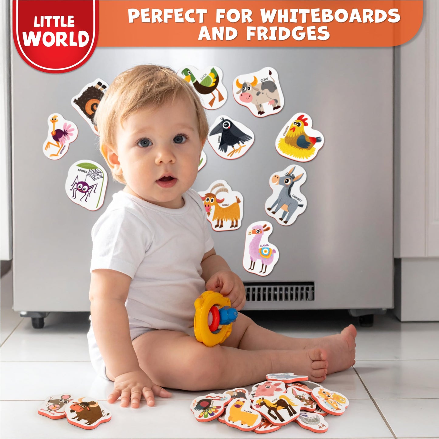 Little World Large Set of Safe and Durable Fridge Magnets for Toddlers 1-3 | Foam Refrigerator Magnets for Kids with Gift Box | Waterproof, Non-Toxic Farm Magnetic Animals for Children and Babies 1+