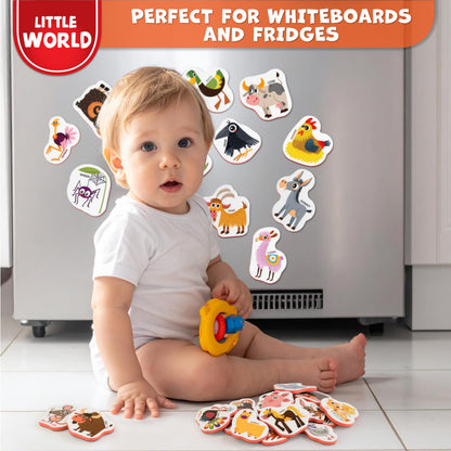 Little World Large Set of Safe and Durable Fridge Magnets for Toddlers 1-3 | Foam Refrigerator Magnets for Kids with Gift Box | Waterproof, Non-Toxic Farm Magnetic Animals for Children and Babies 1+