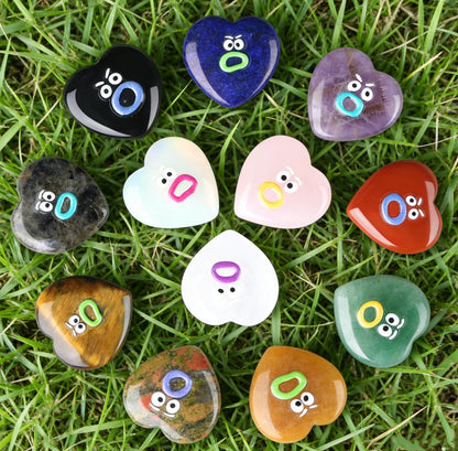 XIANNVXI Funny Emotion Heart Polished Stone Gift 12pcs Natural Heart Healing Crystals Stones Mothers Day Graduation Birthday Gifts for Women Cute Emoji Carving Figurine Crystals Present
