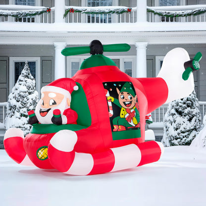 JOIEDOMI 7 FT Long Christmas Inflatable Santa Elf on Animated Helicopter, Blow Up Santa Inflatable on Flying Airplane with Rotating Propeller Yard Decor with LED for Xmas Party Garden Lawn Decor