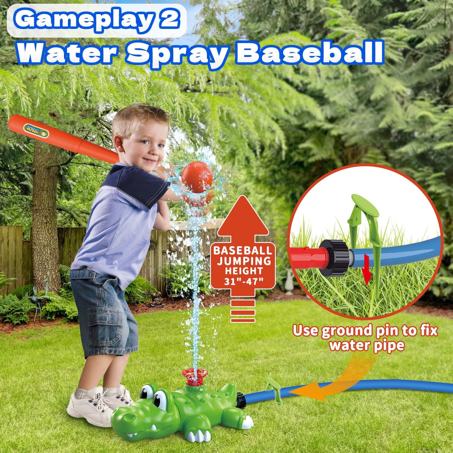 Intoypad 4-in-1 Kids Water Sprinklers T Ball Set & Water Ball Toy, Crocodile Baseball Sprinkler for Backyard Outdoor Summer Toys for Boys Girls Outside Yard Water Game Toys for Kids Toddlers Ages 3-8