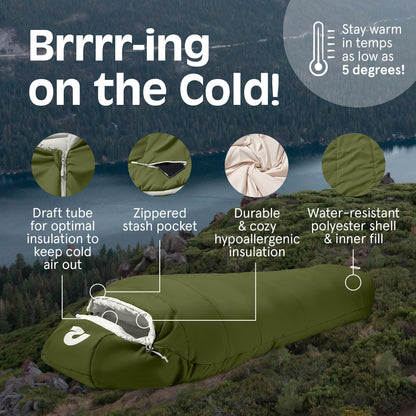 Retrospec Dream 5 Mummy Sleeping Bag for Camping - Insulated Cold Weather, Lightweight, Water-Resistant With Adjustable Draw Cords and Stuff Sack