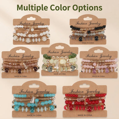 LOTSOF Bohemian Green Jade Stackable Bracelet Set - 4-Layer Stretch Beaded Bracelets with Gold Accents, Boho Jewelry for Women, Fashion Statement Accessory (Gift Ready) (Green)
