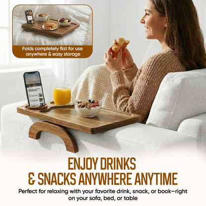 Motovatec Acacia Wood Sofa Arm Tray - 3-in-1 Couch Arm Table with Phone Holder, Cup Placer & Foldable Tray - Armrest Clip-On Design for Couch with 360° Rotated Phone Holder