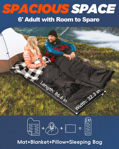 MEREZA Flannel Sleeping Bag for Adults Mens with Pillow, XL Cold Weather Sleeping Bag for 30 Degree 4 Season Camping Large Big and Tall Sleeping Bags with Compression Sack