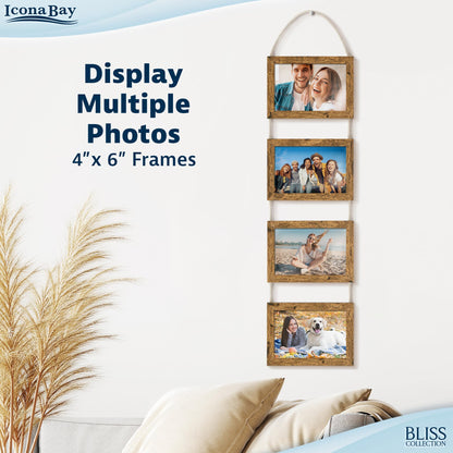 Icona Bay - 4x6 Wall Hanging Picture Frames Collage with 4 Openings - Rustic Brown - Casual Style Engineered Wood Frames - Wall Mount Only - Bliss Collection