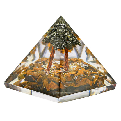 Amazing Gemstone Tiger Eye with Pyrite Tree Orgone Pyramid - 30mm Small Orgonite Pyramids with Crystals and Healing Stones - Authentic Organite Gifts