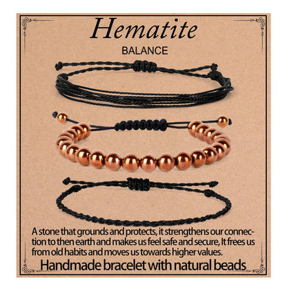 QOGIR Handmade Healing Bracelet,8mm Natural Copper Hematite Gem Stone Beads Bracelet for Men Women Gifts with 2PCS Size Adjustable Rope Bracelets