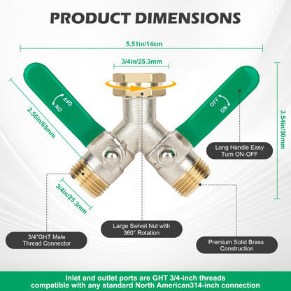 Love is War Hose Splitter 2 Way, High-flow Brass Garden Hose Splitters, Dual Water Rv Hose Bib Splitter, Heavy Duty Faucet Splitter, Outdoor Hose Connector, With Shut Off Y Valve 3/4 Inch Ght Thread.