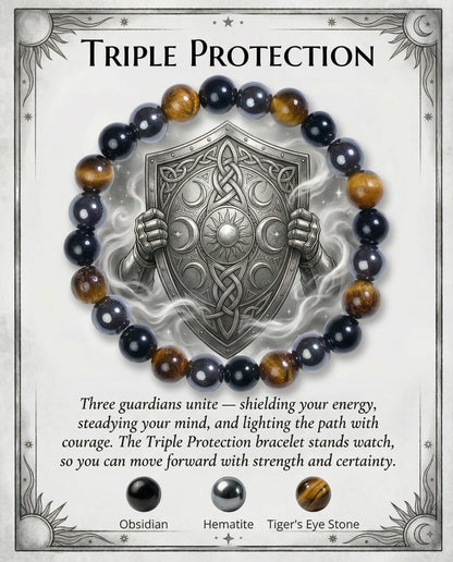 Bivei Triple Protection Bracelet, Strength Crystal Healing Bracelet 8MM with Obsidian & Hematite & Tiger Eye - Spiritual Stretch Beaded Jewelry for Women Men Gift