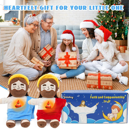 Yelakey Soothing Jesus Plush Toys with Light & Sound, 15" Jesus Stuffed Breathing Plushy Doll, Christian Catholic Religious Plushie Christmas Easter Gifts for Kids Baby (Blue)