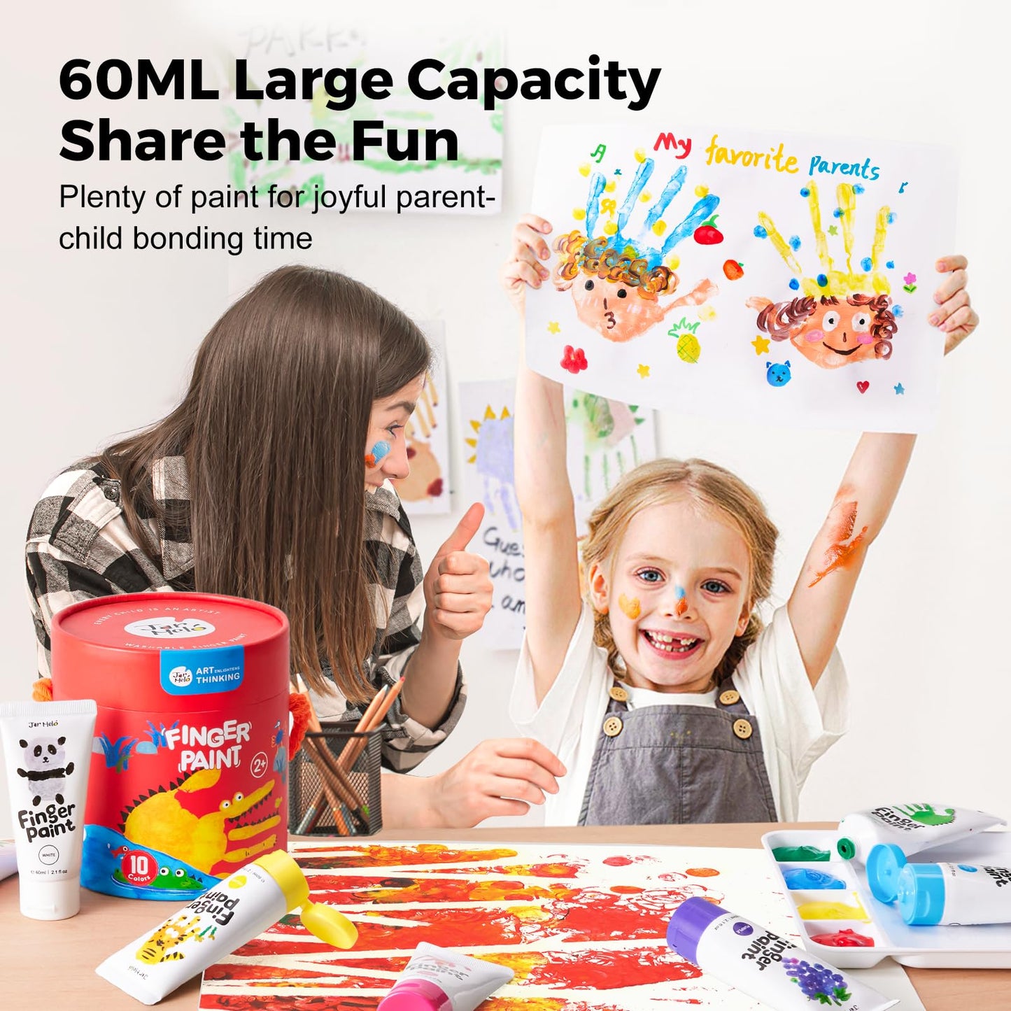 Jar Melo Washable Finger Paints for Toddlers, 10 Colors Large Capacity (2.1fl oz), Non Toxic Baby Paint for Hand and Feet, Safe Art Supplies, Preschool Learning Gifts for Kids Age 2+