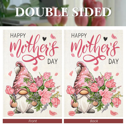 Happy Mother's Day Garden Flags for Outside 12x18 Inch Double Sided,Gnome with Carnation Flowers Small Yard Flags,Gift for Mom Grandmom Spring Decoration for Farmhouse Patio Outdoor