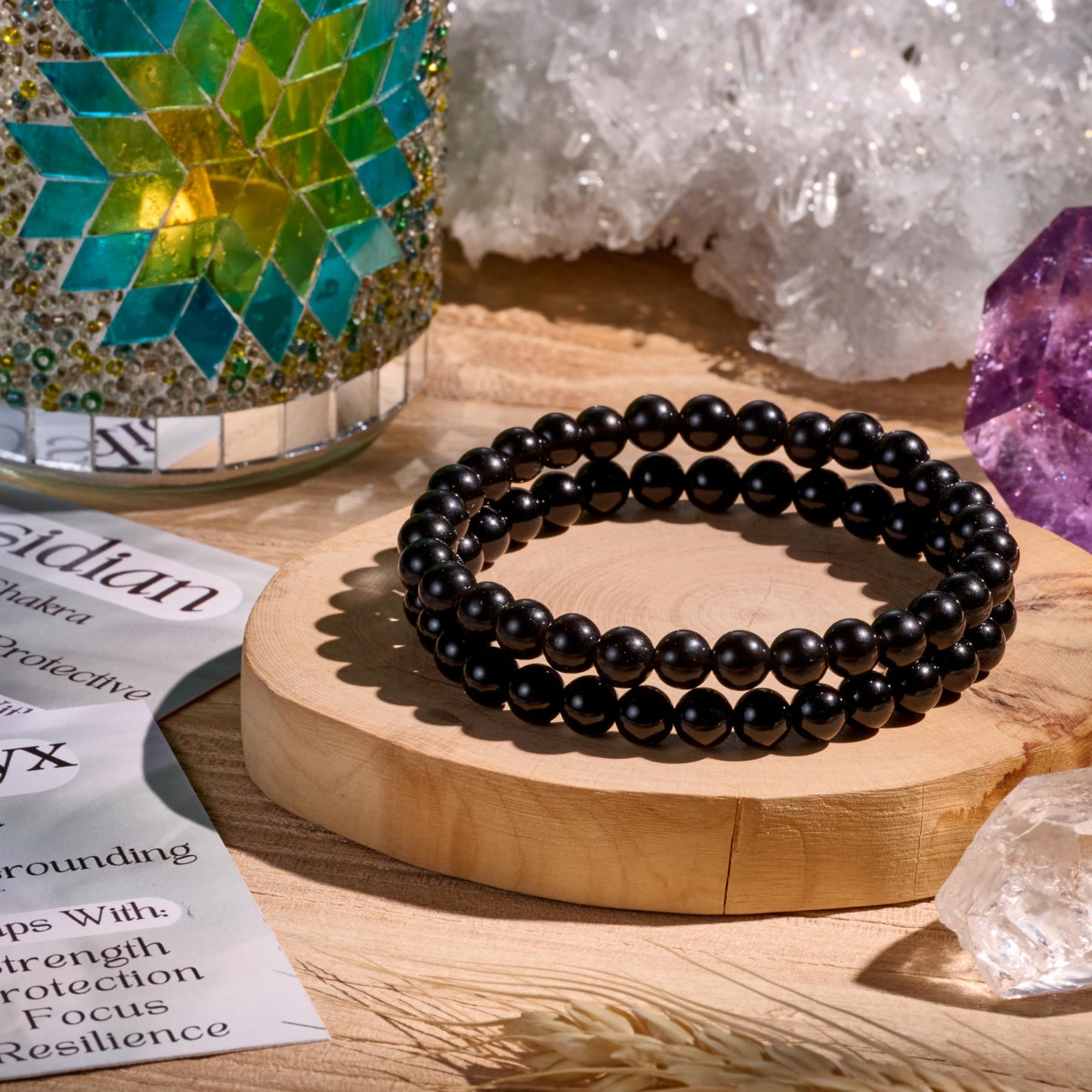 Bivei 2-Piece 8mm Beaded Bracelets for Women – Black Onyx, Black Obsidian – Handmade Natural Crystal Stretch Elastic Jewelry for Meditation, Yoga, Protection Gifts