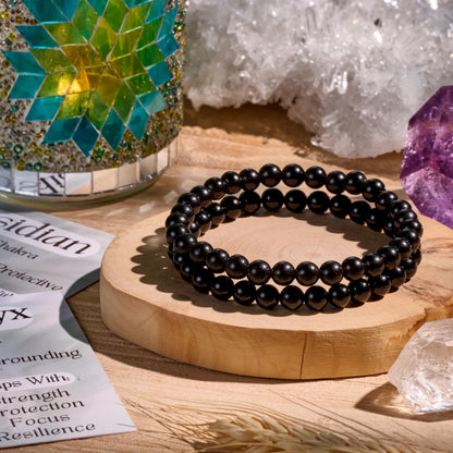 Bivei 2-Piece 8mm Beaded Bracelets for Women – Black Onyx, Black Obsidian – Handmade Natural Crystal Stretch Elastic Jewelry for Meditation, Yoga, Protection Gifts