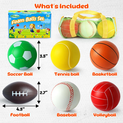 Billeeit Mini Sports Balls Set for Toddler 1-3, Sports Bag for Kids, Include 1 Each of 3.5" Foam Soccer, Tennis Ball, Basketball, Football, Baseball, Volleyball, Fun Baby Ball Toys, Set of 6