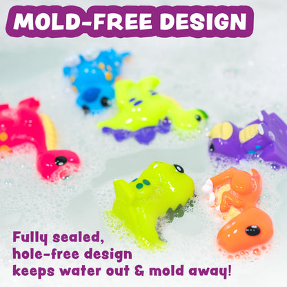 Tub Works® Dinosaur Mold Free Bath Toys, 12 Pack | Sealed, No Hole Bath Toys Design Keeps Moisture Out | Soft, Squeezable & Float on Water | Easy-Grip Baby & Toddler Bath Toy Set | Baby Pool Toys