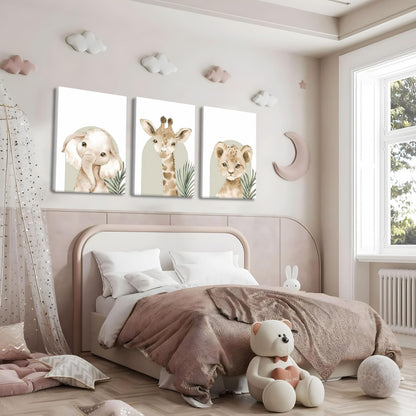 Nursery Wall Decor Set of 3, Cute Animal Lion Elephant Baby Pictures Poster Prints, Giraffe Jungle Canvas Wall Art Woodland Nursery Decor for Boys Girls Room Decoration 12x16 inch Framed