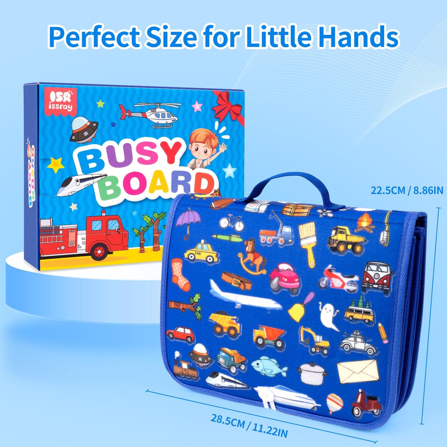 Toddler Busy Board, Montessori Busy Book for Toddlers, 12-Page Quiet Educational Activity Book for Motor Skills, Learning Sensory Travel Toys for Car Airplane, Birthday Gifts for Boy Girl Kids (Blue)