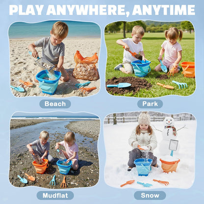 Dreamon Beach Toys, 2 Packs Travel Sand Toys for Kids Ages 4-8 | 10 PCS Sandcastle Building Kit with Collapsible Bucket, Mesh Bag, Sand Sifter, Shovel & Rake, Beach Essentials for Kids