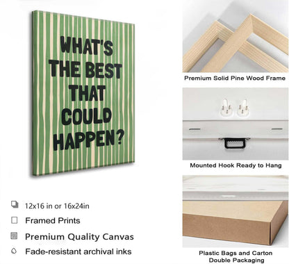 What's The Best That Could Happen Wall Art Green Striped Positive Quotes Canvas Wall Decor Funky Preppy Picture Prints Inspirational Quotes Poster Painting for Bedroom Living Room Picture Framed