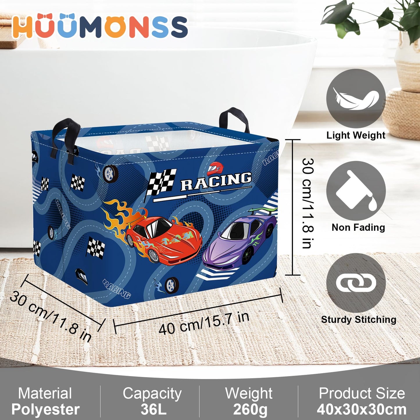 HUUMONSS Racing Car Baby Storage Basket Collapsible Clothes Kids Laundry Hamper Large Flag Track Boys Gift Toy Box Bin for Playroom, Blue, 36L