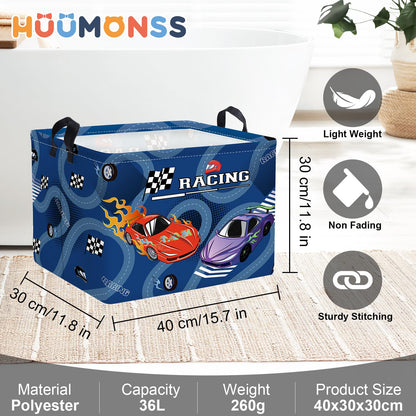 HUUMONSS Racing Car Baby Storage Basket Collapsible Clothes Kids Laundry Hamper Large Flag Track Boys Gift Toy Box Bin for Playroom, Blue, 36L