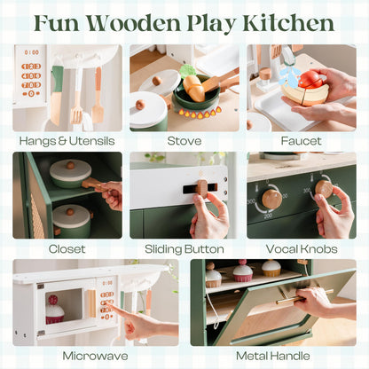 ROBOTIME Play Kitchen with Toy Fridge, Toy Oven, Wooden Kids Kitchen Play Set, Toy Kitchen Set for Kids Age 3 4 5 6 7 (Vintage Green)
