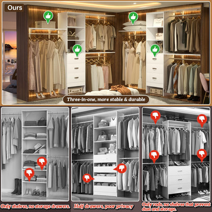 iSunirm 8FT Closet System, 96'' Closet Organizer System with 3 Hanging Rods, Wall Mount Bedroom Wardrobe with 3 Drawers Walk-in Closet, Adjustable Cloth Garment Rack from 5 to 8FT (Cut to Fit), White