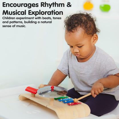 PlanToys® Musical Set Wooden Montessori Drum, Cymbal and Xylophone Toy | Early Sensory Exploration, Coordination and Creative Expression | Eco Friendly Music Set