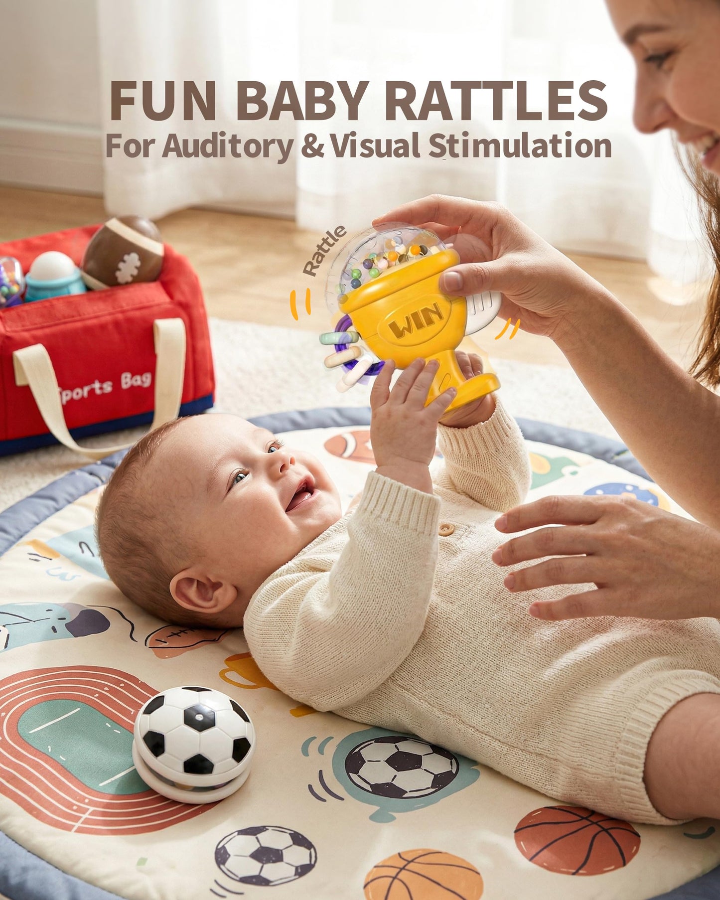 STACTCUTE 11 Pcs Baby Rattles Teether Toys Set, Sports Themed Gym Toy Bag for Infants 0-6 6-12 Months, Dumbbell & Ball Sensory Teething Toys, Newborn Boy Stuff 1st Birthday Shower Gifts