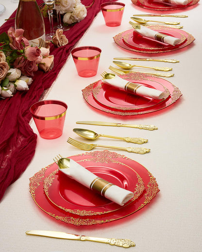 Goodluck 350 Piece Red Dinnerware Set for 50 Guests, Fancy Disposable Plates, Include: 100 Gold Rim Plastic Plates, 150 Silverwares, 50 Pre Rolled Napkins, 50 Cups for Party, Wedding