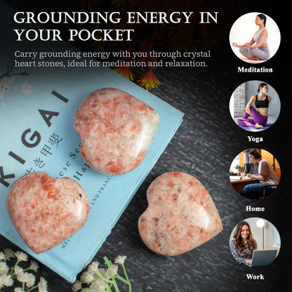 Crocon Sunstone Gemstone Big Heart Hand Carved Puff Stones Set Pocket Crystals Healing Tumble Collection Palm Worry Pocket Stone Good Luck Charm Gift Craft Home Decor Size 2 inch