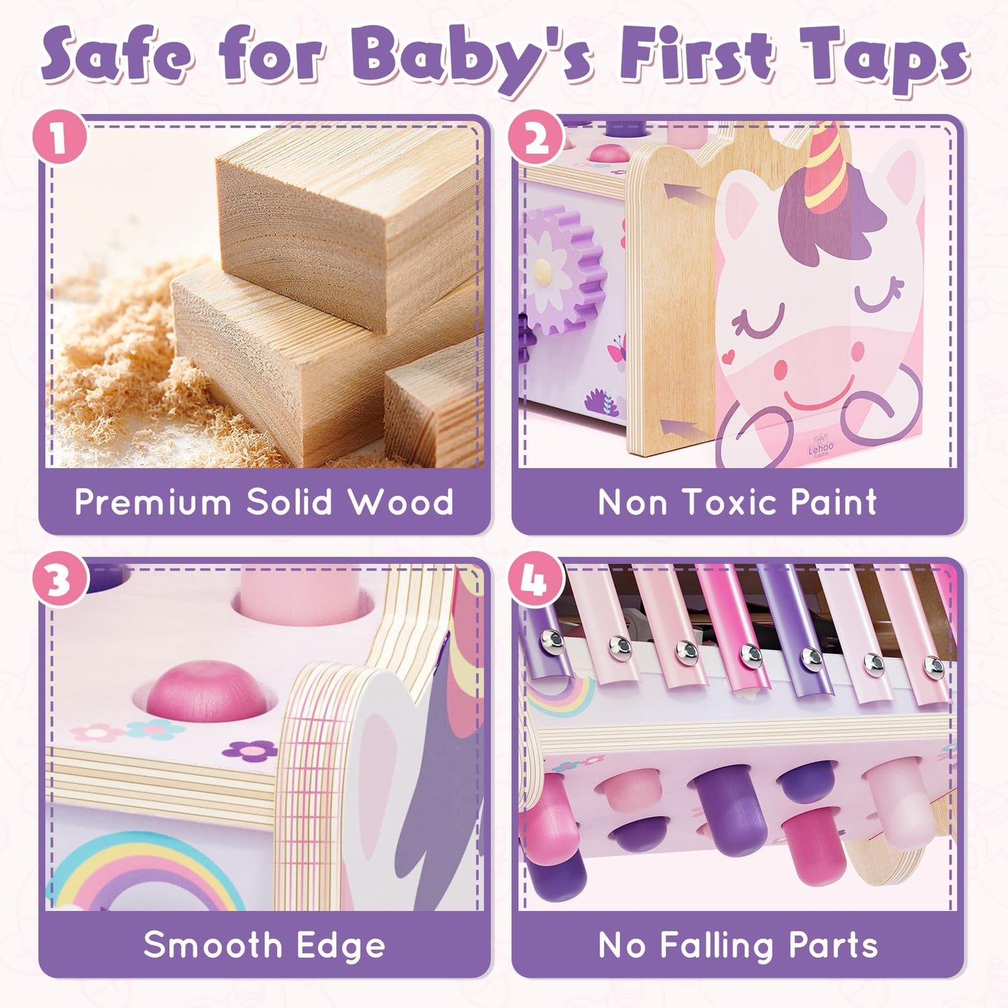 Lehoo Castle Baby Montessori Toys for 1 2 Year Old, Wooden Hammering Pounding Toy with Xylophone, Educational Learning Activities for 1 2 3 Year Old Girls First Christmas Birthday Gifts - Unicorn