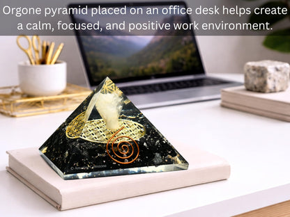 Amazing Gemstone Large Black Tourmaline Orgone Pyramid Crystal, Guardian Angel with Flower of Life Orgonite Pyramid - Positive Energy Healing