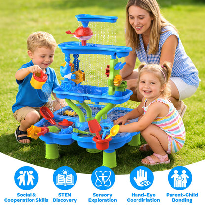 DUONIZAY Water Sand Table for Toddler Kids - 4-Tier Multifunctional Summer Toys,Outdoor Backyard Beach Playset with Stable Design,Sensory Learning Activity Game Gift for Boys Girls(Ocean Blue)
